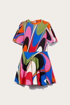 Evoking the spirit of the 60s, this dress is splashed with the Onde print's psychedelic waves. It features split short sleeves that create a fan effect and balance the A-line skirt. Kindly note that this product, as well as many other Pucci items, is made using an allover print and it falls differently on each garment, so the product you will receive may differ from the one in the picture. Bright orange, bright red, bright pink, cobalt blue Crew neck Short split sleeves Pleated skirt Keyhole cut-out at back Button back fastening 94% viscose, 6% elastane Made in Portugal Style ID: ZU1D21ZJ411999 Made from a midweight, stretch fabric Trendy Multicolor A-line Dress, Multicolor Abstract Print Short Sleeve Dresses, Spring Rainbow Print Short Sleeve Dress, Multicolor Short Sleeve Dresses With Abstract Print, Fitted Multicolor Print Dress With Short Sleeves, Spring Dresses With Rainbow Print And Short Sleeves, Retro Bold Print Summer Dress, Retro Summer Dresses With Bold Print, Trendy Multicolor Abstract Print Dress