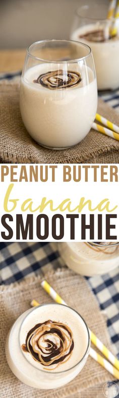 peanut butter banana smoothie in glasses with straws