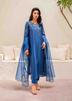 Exquisite SAGA BLUE Korean Raw Silk Ensemble with Cutwork & Sequins  | Luxury Collection - Latest Pakistani Punjabi Suits Salwar Kameez Designer Wear. Blue Korean, Shirt Trouser, Silk Trousers, Salwar Kameez Designs, Organza Dupatta, Cut Work, Designer Suits, Designer Wear, Raw Silk