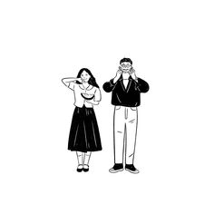 a man and woman standing next to each other in front of a white background with the caption's name on it