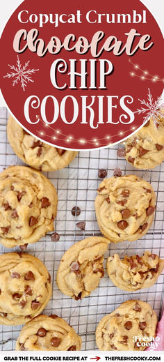 Crumbl chocolate chip cookies on cooling rack. Skinnyish Dish Christmas Chocolate Chip Cookies, Crumbl Chocolate Chip Cookies, Chocolate Chip Christmas Cookies, Crumbl Cookie Recipe, Bundt Recipes, Candy Apple Recipe, Butter Sugar Cookies, Choco Chip Cookies, Restaurant Copycat