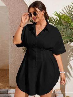 Shirtdress Outfit, Dress For Chubby Ladies, Dress For Chubby, Plus Size Short Dresses, Batwing Sleeve Shirt, Outfits Gorditas, Plus Size Baddie Outfits, Beachy Outfits, Black Attire