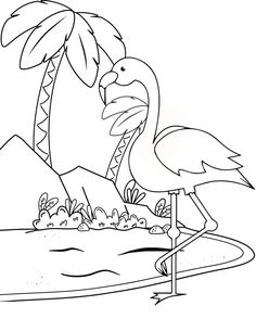 a black and white drawing of a bird standing in the water near a palm tree