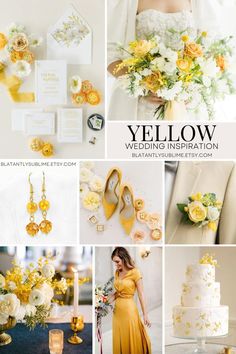 a collage of yellow and white wedding colors