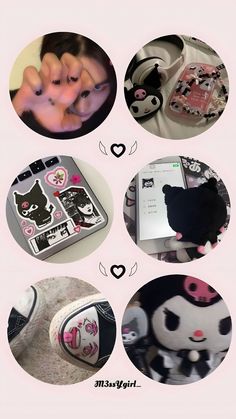 four different pictures of hello kitty shoes and other things in the same photo, all with pink accents on them