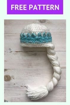 a crocheted hat with blue and white yarn on it, next to the text free pattern