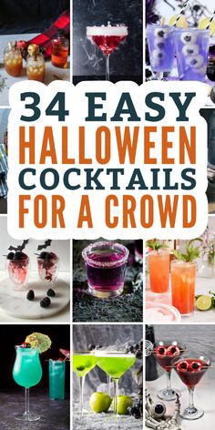 halloween cocktails with text overlay that reads, 34 easy halloween cocktails for a crowd