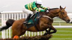 a jockey on a horse jumping over an obstacle