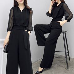 Jumpsuits For Women Formal, Fav Outfit, Korea Dress, Chiffon Jumpsuit, Colorful Jumpsuit, Wide Leg Romper, Jumpsuit Elegant, Extra Long Sleeves, Jumpsuit Black