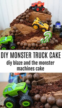 a monster truck cake with chocolate frosting on top and the words, diy blaze and the monster machines cake