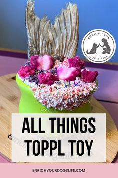 a green vase filled with pink flowers on top of a wooden table next to a sign that says, all things topl toy