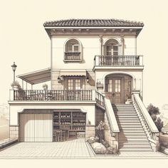 a drawing of a house with stairs leading up to the front door and second story