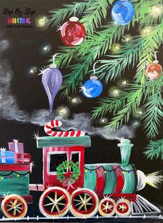 a painting of a train with christmas decorations on it