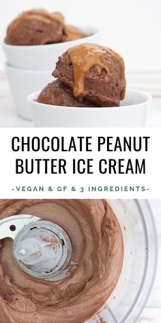 chocolate peanut butter ice cream in a food processor with text overlay that reads, chocolate peanut butter ice cream vegan & gf 3 ingredients