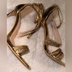 Brand New Without Tags Gold Rhinestones Heels Heel Length 4 Inches Rhinestones Heels, Y2k Heels, Sparkle Sandals, Sparkle Heels, Soda Shoes, Sparkly Heels, Bow Pumps, Pumps Heels Stilettos, Rhinestone Heels