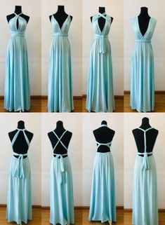 six different views of dresses on mannequins