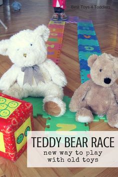 two teddy bears sitting next to each other on a wooden floor with the words teddy bear race new way to play with old toys