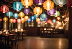 brightly lit lanterns hang from the ceiling in a restaurant