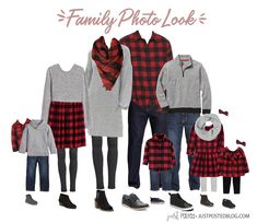 a family photo is shown in red, black and white plaid clothes with matching accessories