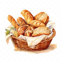 a painting of bread in a basket