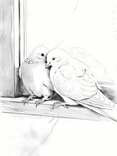 two birds are sitting on the window sill looking at eachother's reflection