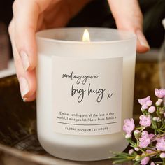 Thinking of You Gift Big Hug Script Candle - Kindred Fires 30th Birthday Party Gifts, Love From Afar, Frosted Glass Candle, Popular Candles, Big Hug, Cursive Font, Sending Hugs, Get Well Gifts, Candle Labels