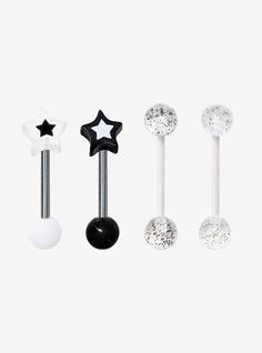 This tongue barbell 4 pack includes two steel black and white star barbells  and two steel white barbells with acrylic glitter ends.Jewelry care: Wash with antibacterial soap and warm water. Piercing care: Wash hands thoroughly  then clean piercing with H2Ocean (sold separately) or saline solution. 316L surgical steel - may contain some nickel; acrylic58" barbellUse in healed piercings only. Remove immediately if irritation occurs. Do not use harsh or alcohol-based chemicals to clean jewelry. Th Dr Bedroom, Cleaning Piercings, Tongue Barbell, Tongue Piercing Jewelry, Piercing Care, Lip Piercing Jewelry, Clean Jewelry, Saline Solution, Black And White Stars