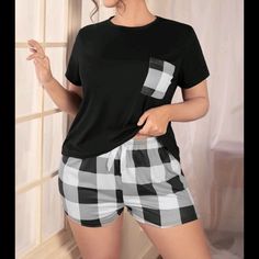 Unique Find Brand New Plus Buffalo Plaid Patched Pocket Pj Set Description And Stock Measurements Are Pictured 1x 3x 4x 5x If You Have Any Questions, Please Comment Below. Tie Dye Harem Pants, Wide Leg Lounge Pants, Gingham Shorts, Short T Shirt, Stylish Clothes For Women, Plaid Shorts