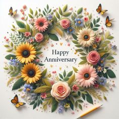 a happy anniversary card with flowers and butterflies