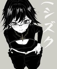 an anime character with black hair and glasses