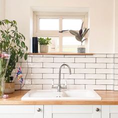 a kitchen with white cabinets and wooden counter tops has plants in vases on the window sill