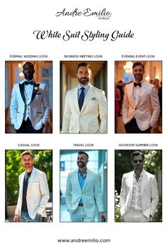 Discover the ultimate guide to styling a white suit! From formal weddings to outdoor summer vibes, Andre Emilio shows you how to create six distinct looks for every occasion: Formal Wedding, Business Meeting, Evening Event, Casual, Travel, and Outdoor Summer. Elevate your wardrobe with these timeless styles. Men's Business Suits, Styling Guide, Men's Formal Style, White Tuxedo, White Suit, Tuxedo Suit, Outdoor Summer, Wedding Business, Formal Suits