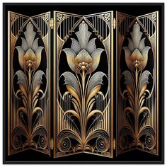 an art deco style screen with gold flowers on black and gold foiled metal panels