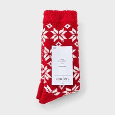 Stay warm and comfy with these Women's Snowflake Double Lined Cozy Crew Socks from Auden™ in Red/Ivory 4-10. Made with lightweight knit fabric, they are perfect for keeping your feet toasty without feeling bulky. The easy wash-and-care design makes them super convenient. Whether lounging at home or on the go, these socks are a great everyday pick. Auden™: Fit for you in every way. Comfortable Winter Socks With Fair Isle Pattern, Comfortable Fair Isle Pattern Winter Socks, Cozy Winter Socks For Stocking Stuffers, Warm Cozy Fit Socks For Stocking Stuffers, Nordic Style Winter Socks For Gift, Warm Red Casual Socks, Soft Indoor Socks For Winter, Casual Indoor Socks For Winter, Cozy Snug Winter Socks