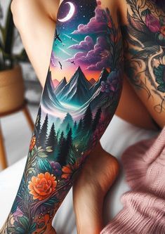 Colorful Leg Sleeve Tattoo, Tattoo Peacock, Ashes Tattoo, Rise From Ashes, Waterfall Tattoo, Vertical Tattoo, No Regrets Tattoo, Forest Tattoo, Flying Tattoo