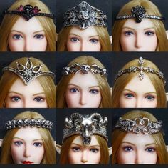 several pictures of different types of headbands on a doll's face and hair