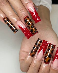 Cheetah And Red Nails, Red And Leopard Print Nails, Red Cheetah Nails, Cheetah Print Nails, Cheetah Nails