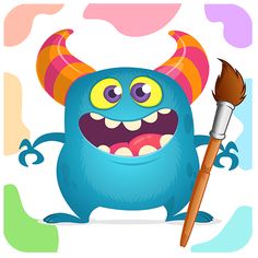 a cartoon blue monster holding a paintbrush