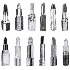 various types of lipsticks are shown in this black and white drawing, with the same color