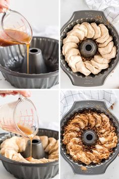 process shots showing how to make cinnamon bundt cake in a pan and then being poured with caramel sauce