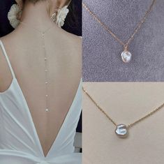 This simple and elegant freshwater pearl bridal back necklace features a pearl tincup back drop with a freshwater petal pearl pendant on the front. This dainty wedding back freshwater pearl necklace will add a feminine and delicate touch to any wedding dress. Wear it with your hair pulled up or in a short hairstyle to show off the originality of this bridal piece! The petal pearls are available in two sizes. Necklace chains are available in 14k gold plated, 316L stainless steel, and rose gold ov Back Necklace Wedding, 14k Gold Plated Jewelry, Dainty Wedding, Backdrops Necklace, Backdrop Wedding, Back Necklace, Y Necklace, Back Drop, Pearl Bridal