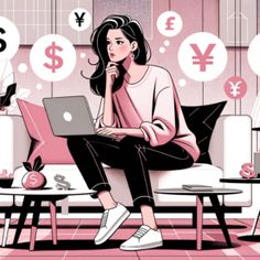 a woman sitting on a couch with a laptop in front of her, surrounded by money symbols