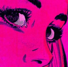 a close up of a woman's face with long eyelashes and big eyes, pink background