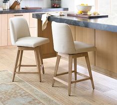 two stools sit in front of a kitchen island