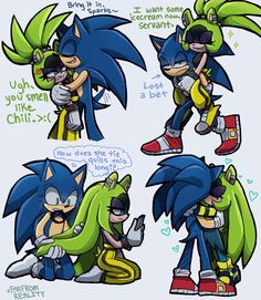 sonic the hedge is hugging his friend in different poses, and then he's holding him