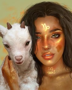 a painting of a woman holding a goat with gold paint on her face and body