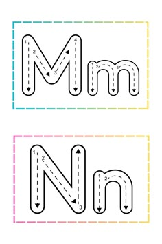 the letter m and n are made up of lines with letters in different colors on them