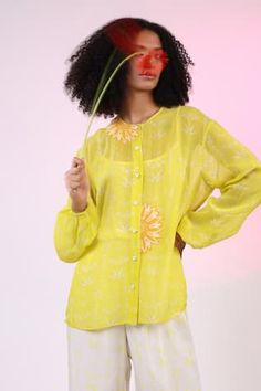 Lemon yellow sheer shirt with all over abstract block prints, elevated with floral patchwork embroidery using kantha work. Paired with hand block print pant. - Aza Fashions Yellow Long Sleeve Top With Chikankari Embroidery, Yellow Long Sleeve Top With Resham Embroidery, Festive Yellow Long Sleeve Tops, Spring Yellow Tops With Resham Embroidery, Spring Yellow Tops With Printed Motifs, Yellow Resham Embroidery Top For Spring, Yellow Long Sleeve Blouse With Resham Embroidery, Yellow Tops With Chikankari Embroidery For Spring, Yellow Chikankari Embroidery Top For Spring