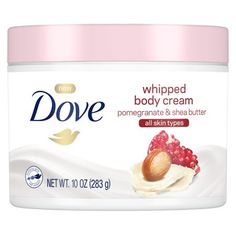 When it comes to moisturizing dry skin, Dove Pomegranate & Shea Butter Whipped Body Creams formula provides deep nourishment with a light touch. This body cream from Dove is a light-as-air lotion that moisturizes skin deeply  with all the conditioning benefits of a rich cream, but none of the heaviness. Infused with pomegranate and shea butter, it is a whipped, scented lotion that will leave skin deeply nourished. The bright notes of pomegranate and luxurious shea butter combine to give Doves sk Dove Body Cream, Dove Beauty Cream, Dry Skin Moisturizer, Shea Butter Body Lotion, Whipped Body Cream, Scented Lotion, Extra Dry Skin, Lotion For Dry Skin, Body Creams