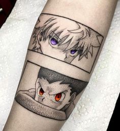 a person with a tattoo on their arm that has an anime character and cat in it